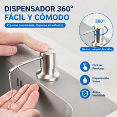 Dispensador de jabón para fregadero de cocina con tubo extensor y bomba de acero inoxidable integrada.