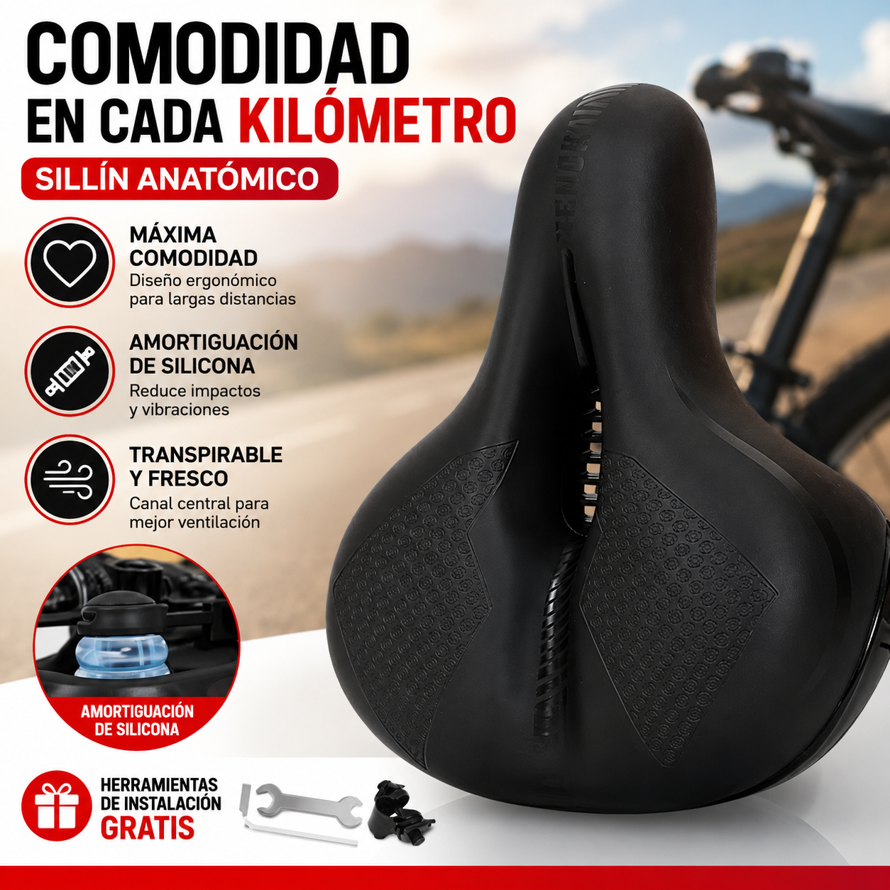 🚴Sillín universal de silicona engrosada para bicicletas, transpirable, amortiguador, impermeable y antideslizante, apto para todo tipo de bicicletas.
