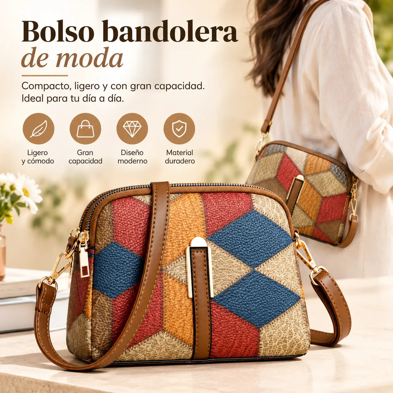 👜2026 nuevo bolso cruzado a cuadros con bloques de color a la moda para mujer