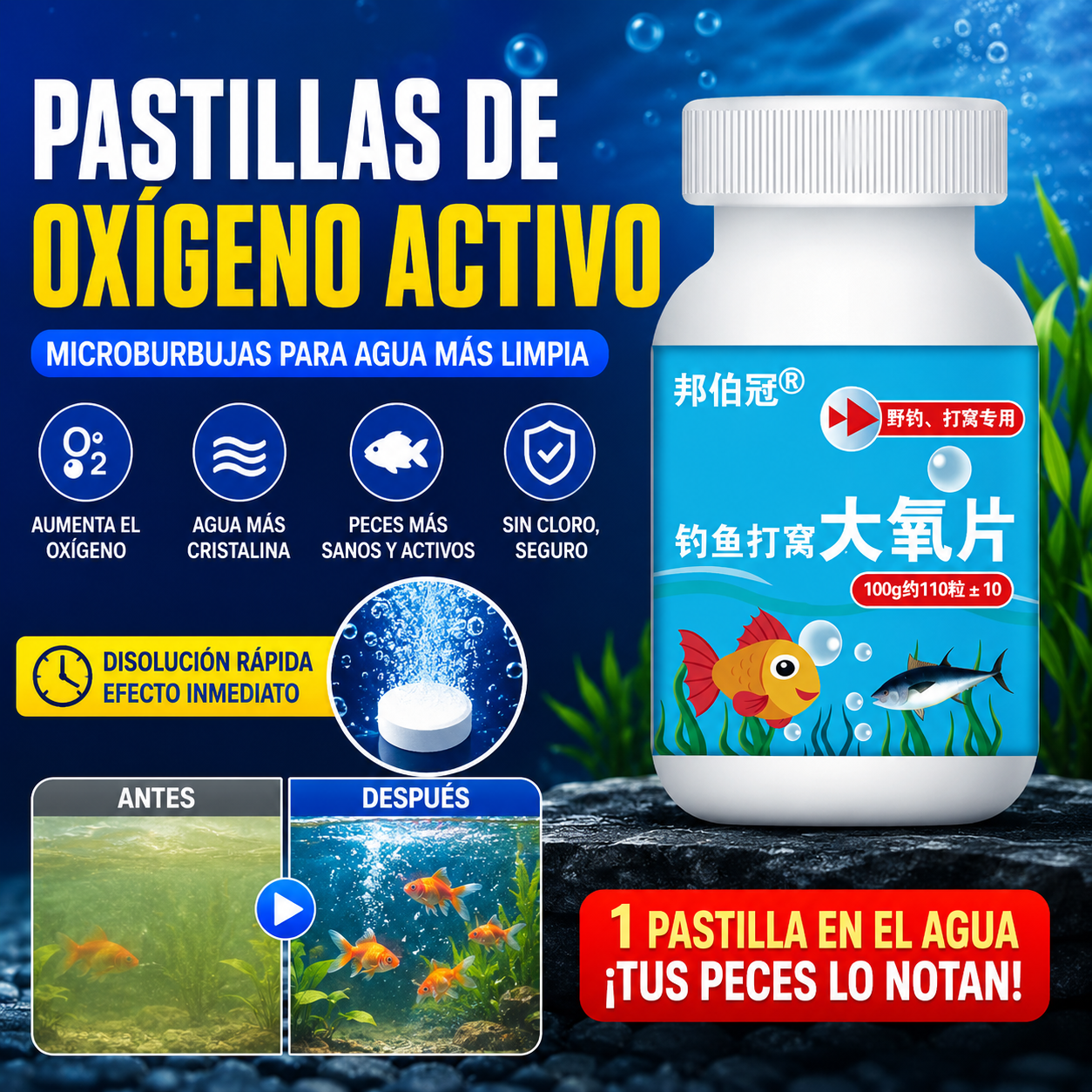 🔥【Compra 2 y llévate 2 gratis, 4 botellas】🐠🌿Tabletas oxigenantes para acuicultura, adecuadas para peceras, estanques, pesca y transporte de peces.
