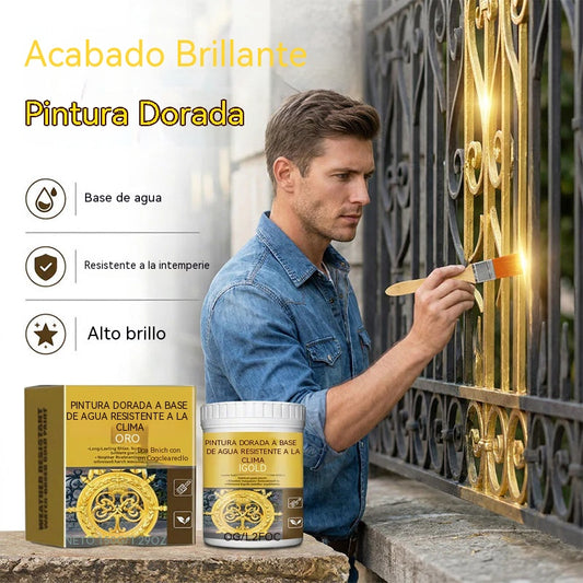 🥳💞 Pintura dorada resistente a la intemperie: a base de agua, brillo intenso. Segura para metal, madera y piedra. ¡Resiste la lluvia y el sol! 🖌️💛