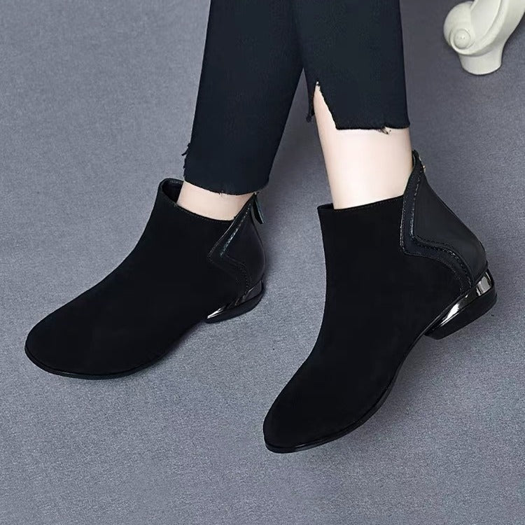 【35%OFF】🔥【35-41】 2025 ¡Otoño e invierno nuevas botas Martin de tacón corto y cachemira con empalme de piel de vaca y cabeza redonda!
