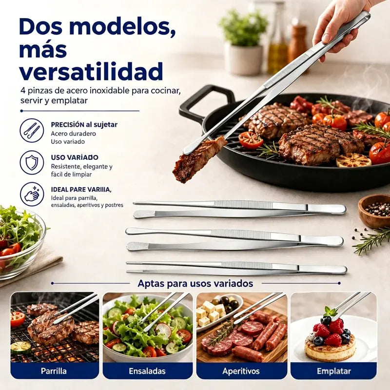 🥩🔥 Juego de 4 Pinzas de Cocina de Acero Inoxidable de Alta Calidad – Ideales para Asar, Cocinar y Servir – Diseño Ergonómico y Antideslizante 🍳