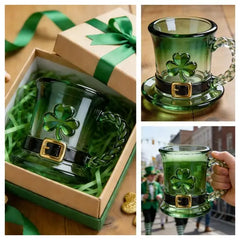 🔥☕Taza de cristal con gorro de duendecillo y trébol de la suerte - Taza de café verde esmeralda