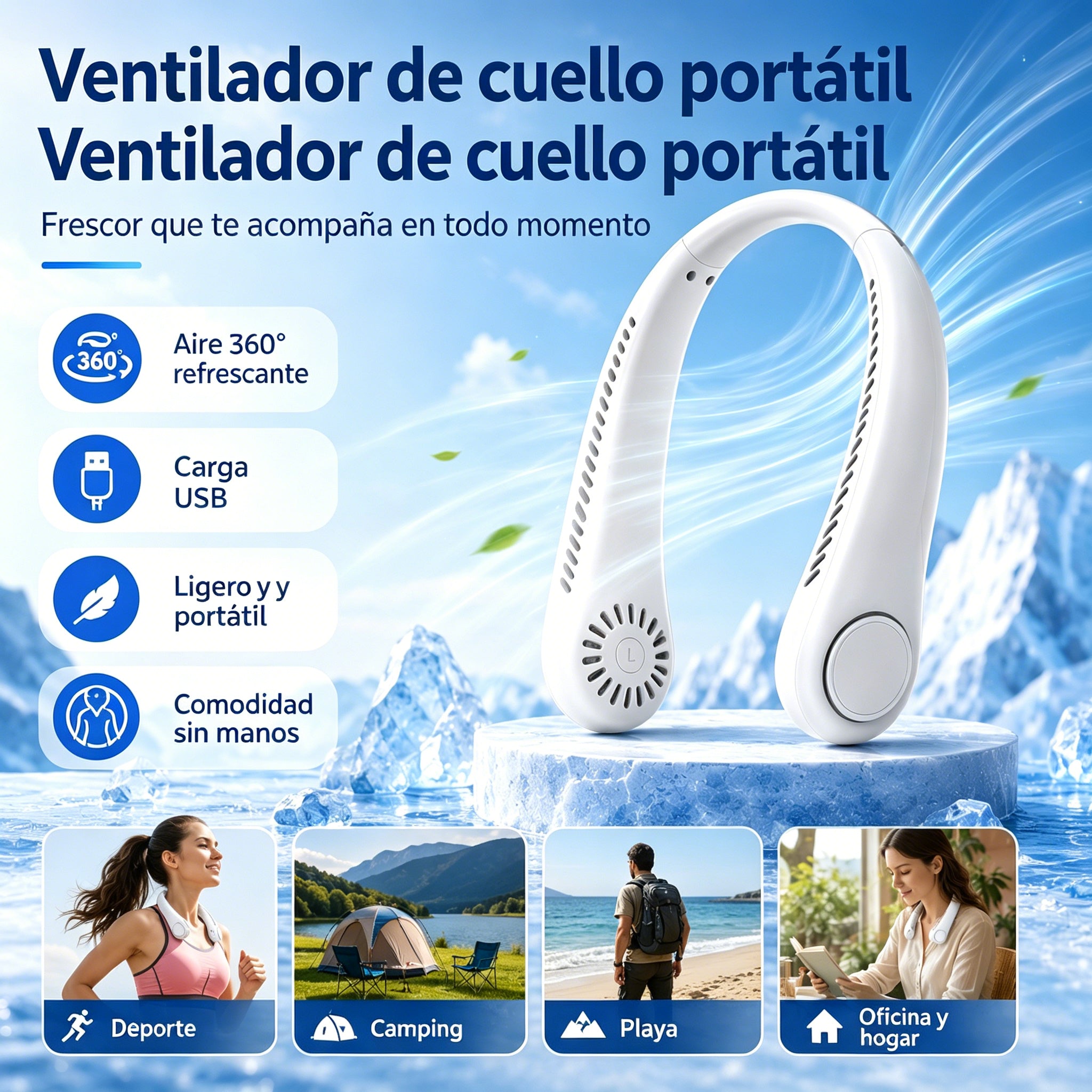 💨 Ventilador de aire acondicionado con cuello – Extremadamente silencioso, portátil y giratorio 360° – Ideal para el verano 🌞