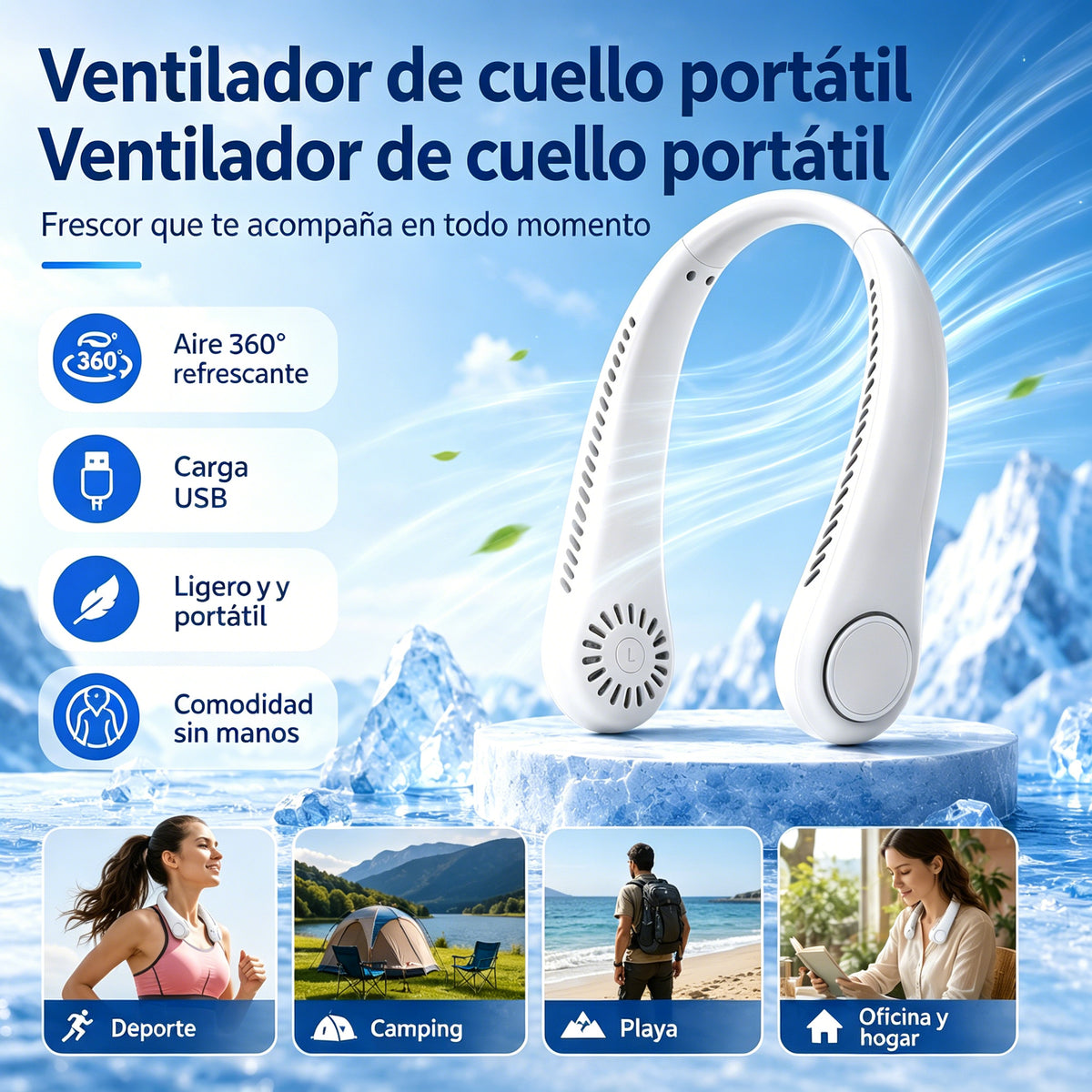 💨 Ventilador de aire acondicionado con cuello – Extremadamente silencioso, portátil y giratorio 360° – Ideal para el verano 🌞