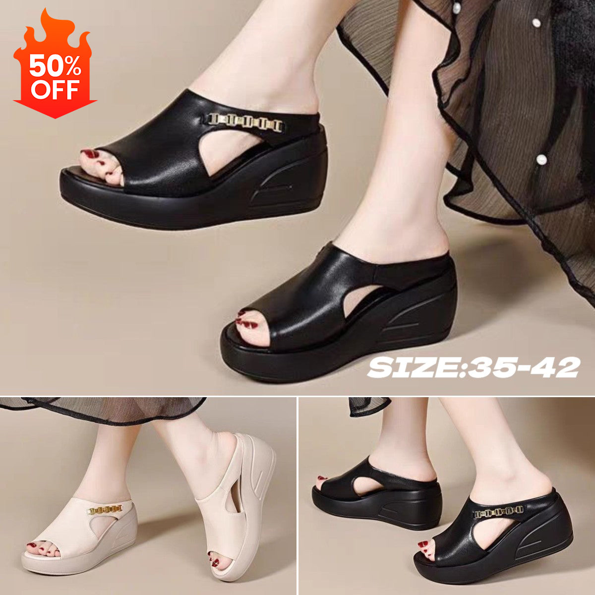 💥【Compra uno y llévate otro gratis】👡【35-42】Sandalias de suela gruesa de cuero genuino de moda
