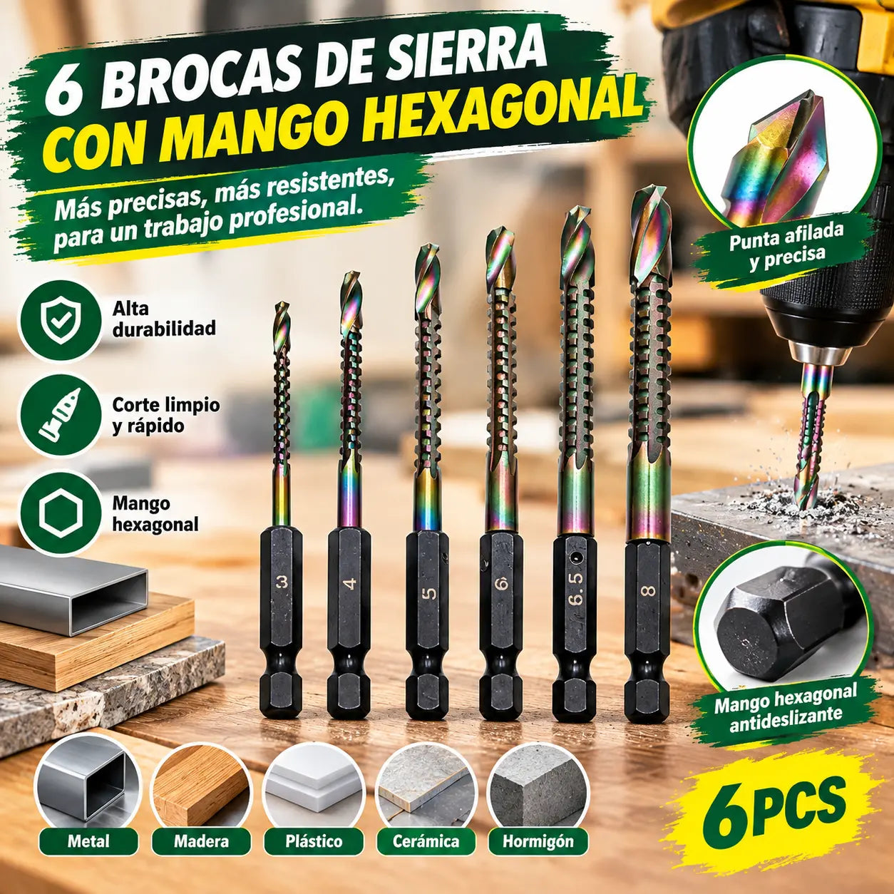 🛠️🔧(6 piezas)Broca helicoidal de acero de alta velocidad con revestimiento de titanio 2 en 1 – Vástago hexagonal, adecuada para taladrar y ranurar madera y metal🔩