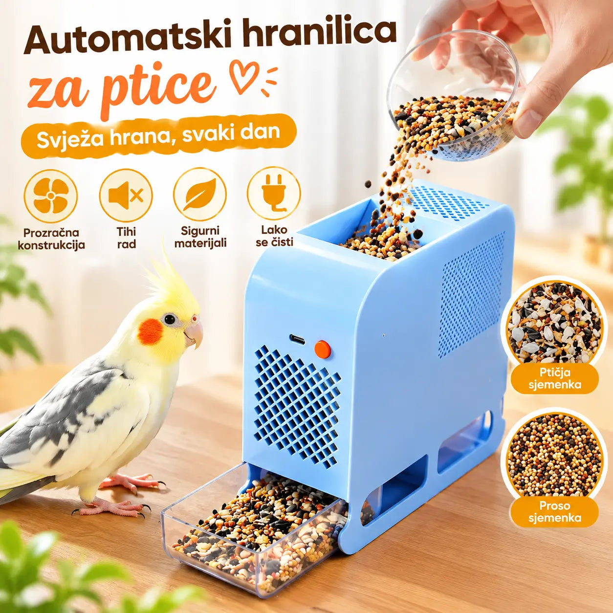 🐦🌿 Čistač sjemenki za ptice: brzo uklanja prazne ljuske za čišću hranu.