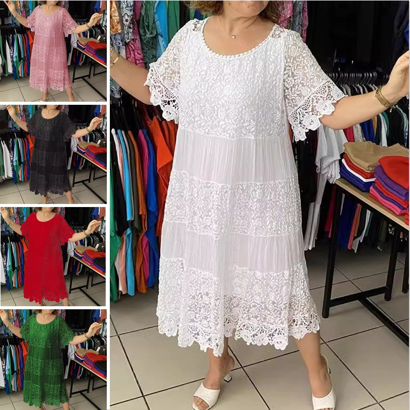 🔥[S-5XL]Nuevos vestidos de encaje de manga corta con cuello redondo