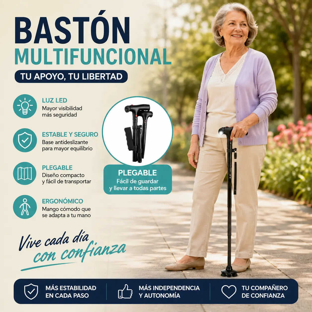 🦯💡 Bastón plegable multifuncional con luz LED y alarma de emergencia – Base cuadrúpeda antideslizante y altura ajustable en 5 niveles ✨