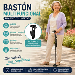 🦯💡 Bastón plegable multifuncional con luz LED y alarma de emergencia – Base cuadrúpeda antideslizante y altura ajustable en 5 niveles ✨