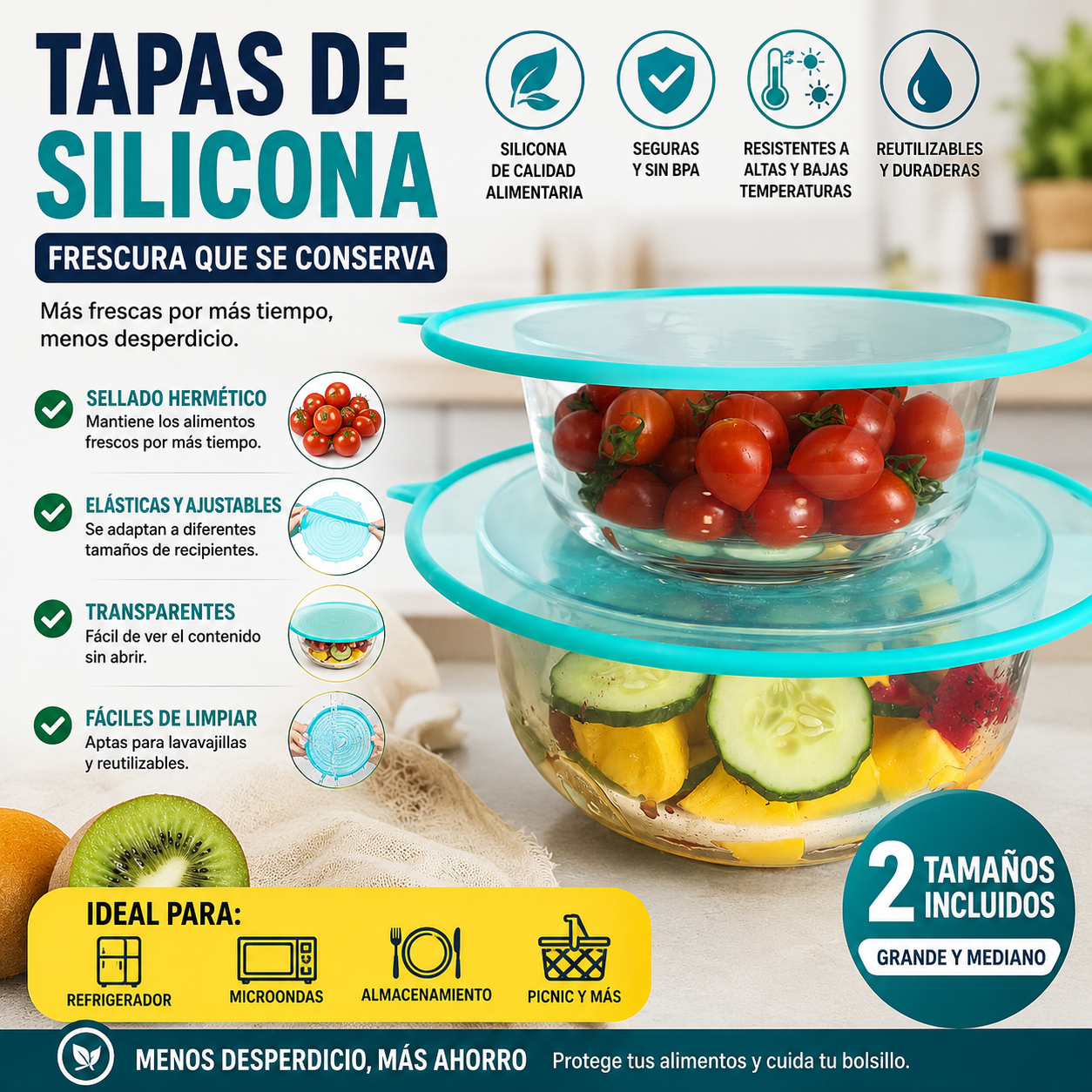 🌿✨【Juego de 4 piezas】Tapas multifuncionales de silicona de grado alimenticio para almacenar alimentos y mantenerlos frescos.