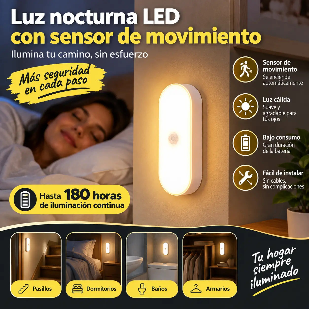 （3 piezas）Luz LED inteligente con sensor de presencia, fácil de cargar y práctica.