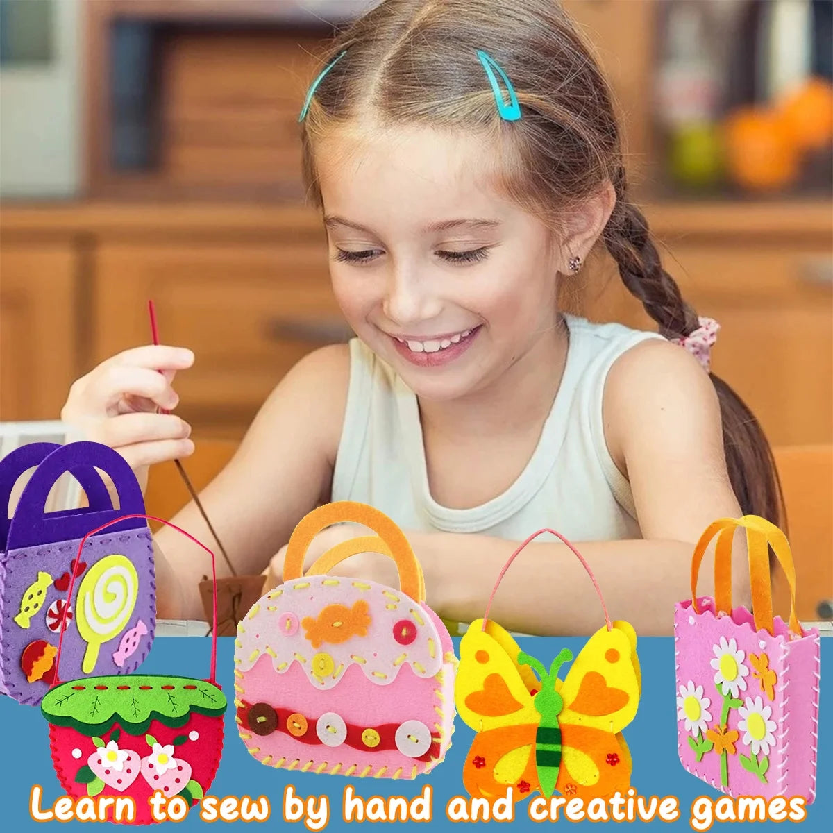 🎁【4 PCS】Primer kit de costura para niños Kit de costura de fieltro DIY Juguetes educativos para el jardín de infancia Kit de costura para niños con imperdibles y correas para bolsas Kit de costura de fieltro para niños, niñas, regalo