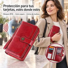 👜 Cartera Vintage de Cuero para Mujer | RFID Antirrobo, Cremallera y Botón a Presión | Larga y Espaciosa 💼