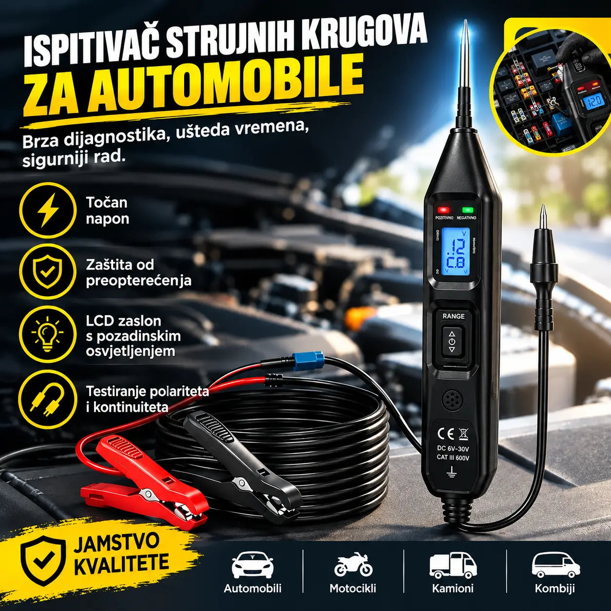 Višenamjenska automobilska ispitna olovka s LCD zaslonom, tester strujnog kruga 6-36V.