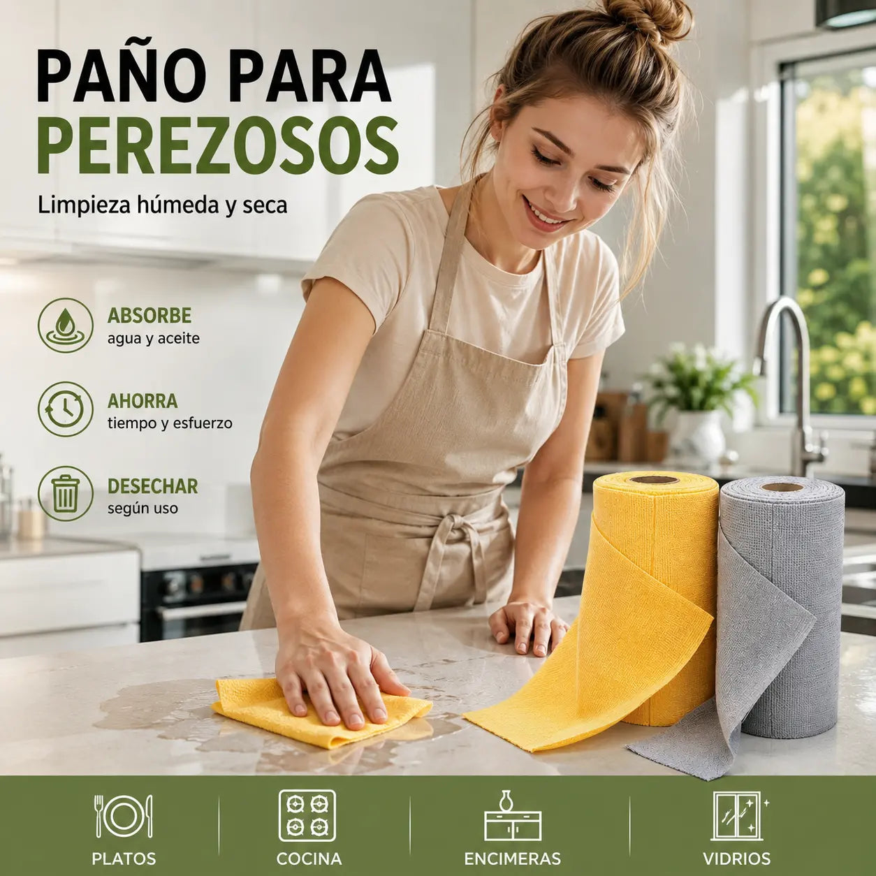 ✨（2 rollos 40 hojas-25 x 25 cm）🧼Rollos de toallas de limpieza reutilizables que se pueden arrancar uno a uno.