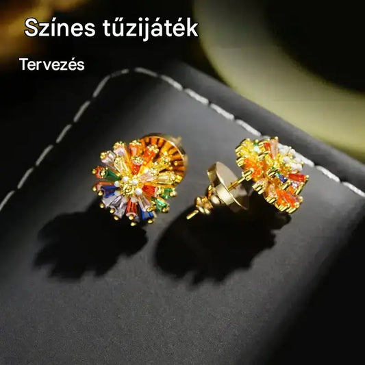 ✨ ✨ Színes tűzijáték mintás fülbevalók – cirkónia, 18 karátos aranyozással, ünnepi 🎆