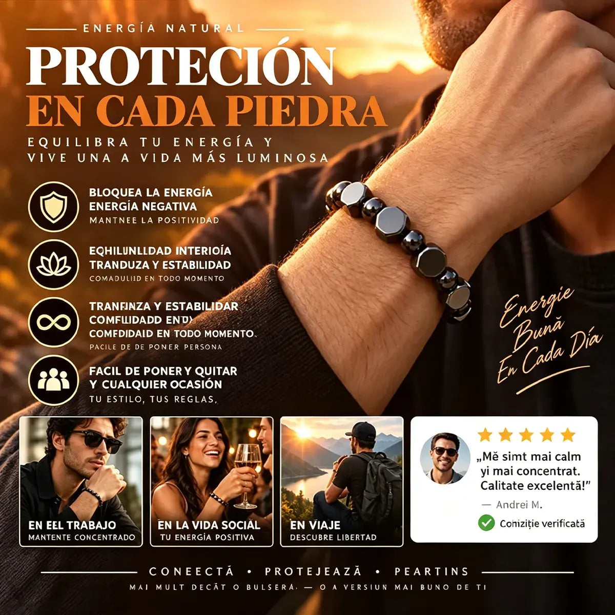 🖤 Pulsera de Obsidiana para Hombre | Brazalete de Cuentas de Piedra Natural | Protección contra Energías Negativas y Energía Positiva 🛡️✨