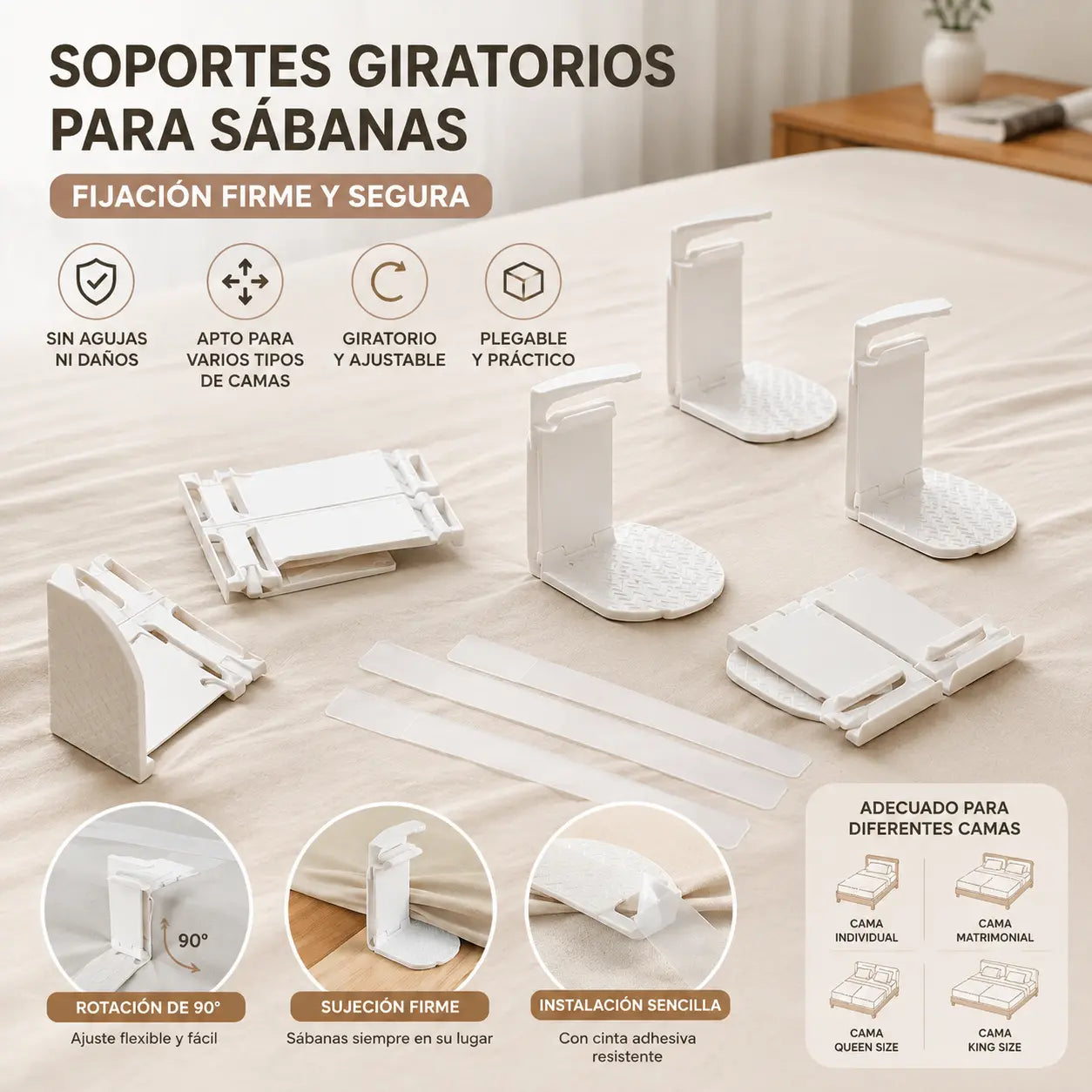Juego de 4 piezas-28€-Sujetadores de sábanas: clips antideslizantes, invisibles y sin agujas que fijan las sábanas y las sábanas bajeras por las esquinas para evitar que se muevan.