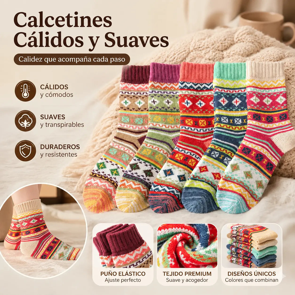 🧦🔥【5 pares】Calcetines de lana gruesos y cálidos de estilo retro para mujer