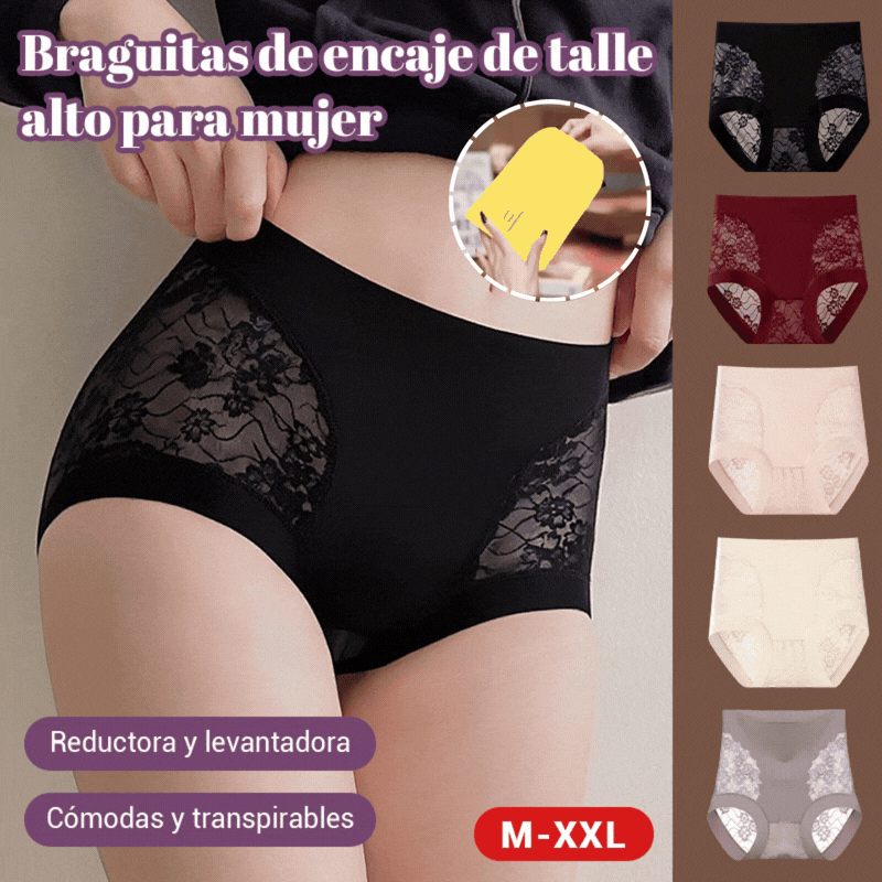 【Compra 2 y llévate 3 gratis】Braguitas de control de abdomen de alta elasticidad con encaje sin costuras para mujer, bragas moldeadoras y levantadoras de glúteos