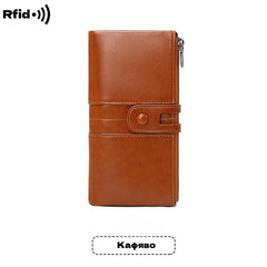 🔥50% de descuento💼 Cartera retro multifuncional de piel encerada para mujer, con diseño de doble cremallera y función antirrobo RFID.