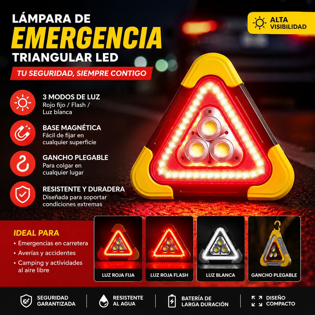 🔥Nuevo producto 2026🔥 Luz de advertencia triangular solar de emergencia tres en uno