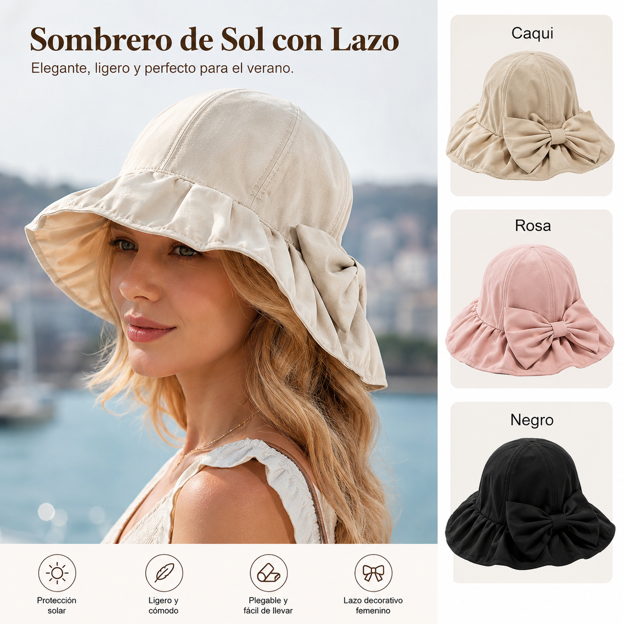 🎀☀️Sombrero de sol de ala ancha con lazo