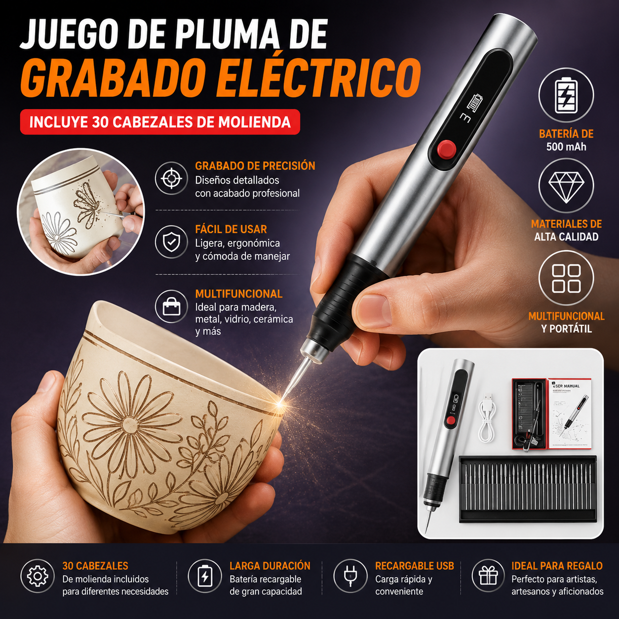 1 juego 31 euro✨Bolígrafo esculpidor recargable de iones de litio multifuncional, adecuado para decoración de uñas y pulido eléctrico.