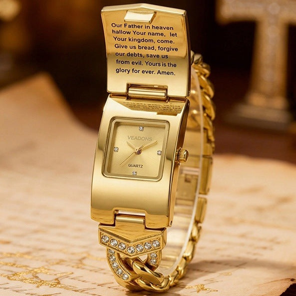🙏⌚Reloj con cruz de cristal brillante: esfera rectangular geométrica, correa de metal de primera calidad.