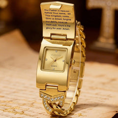 🙏⌚Reloj con cruz de cristal brillante: esfera rectangular geométrica, correa de metal de primera calidad.