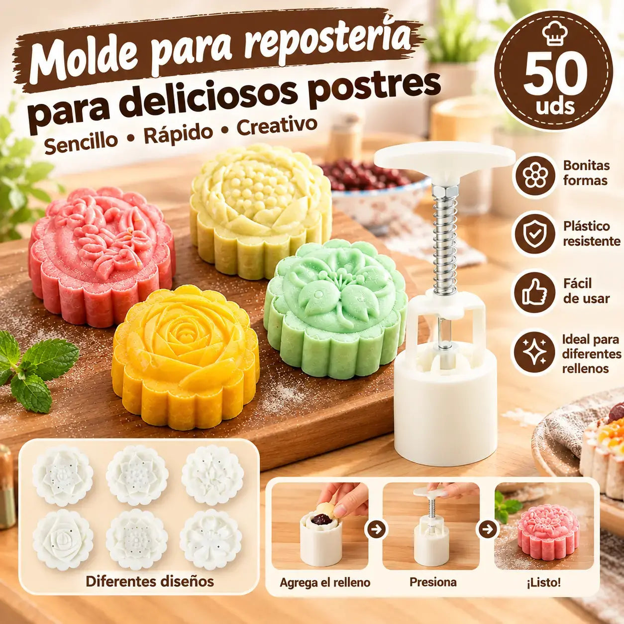 【1 molde con 4 flores】✨😍Juego de moldes para masa prensada a mano, moldes creativos para hornear