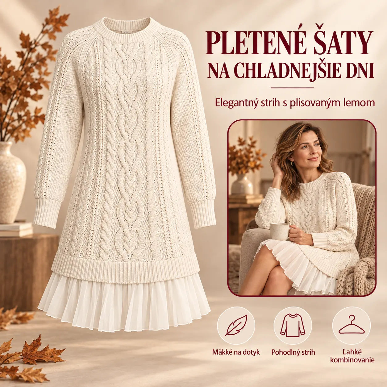🧶 Elegantné pletené šaty s plisovaným lemom — pohodlný štýl na chladnejšie dni, dostupné vo veľkostiach S–3XL.