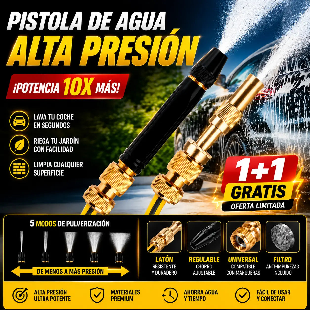 [Juego de 2 piezas] Pistola de agua a alta presión: lavado de autos, jardín, 10 veces más presión, multimodo