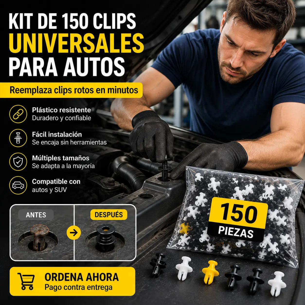 🚗(1 paquete contiene 150 unidades)🔧 Juego de clips de plástico universales para varillas de soporte de amortiguadores de coche