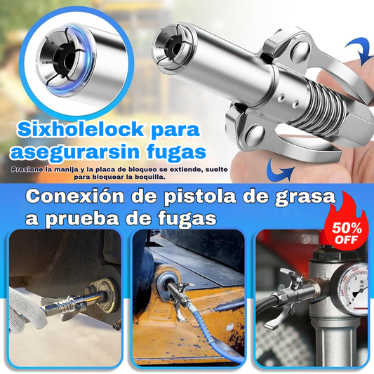 Inyector de grasa de alta presión con abrazadera autoblocante y boquilla de engrase de doble asa + manguera flexible de 30 cm