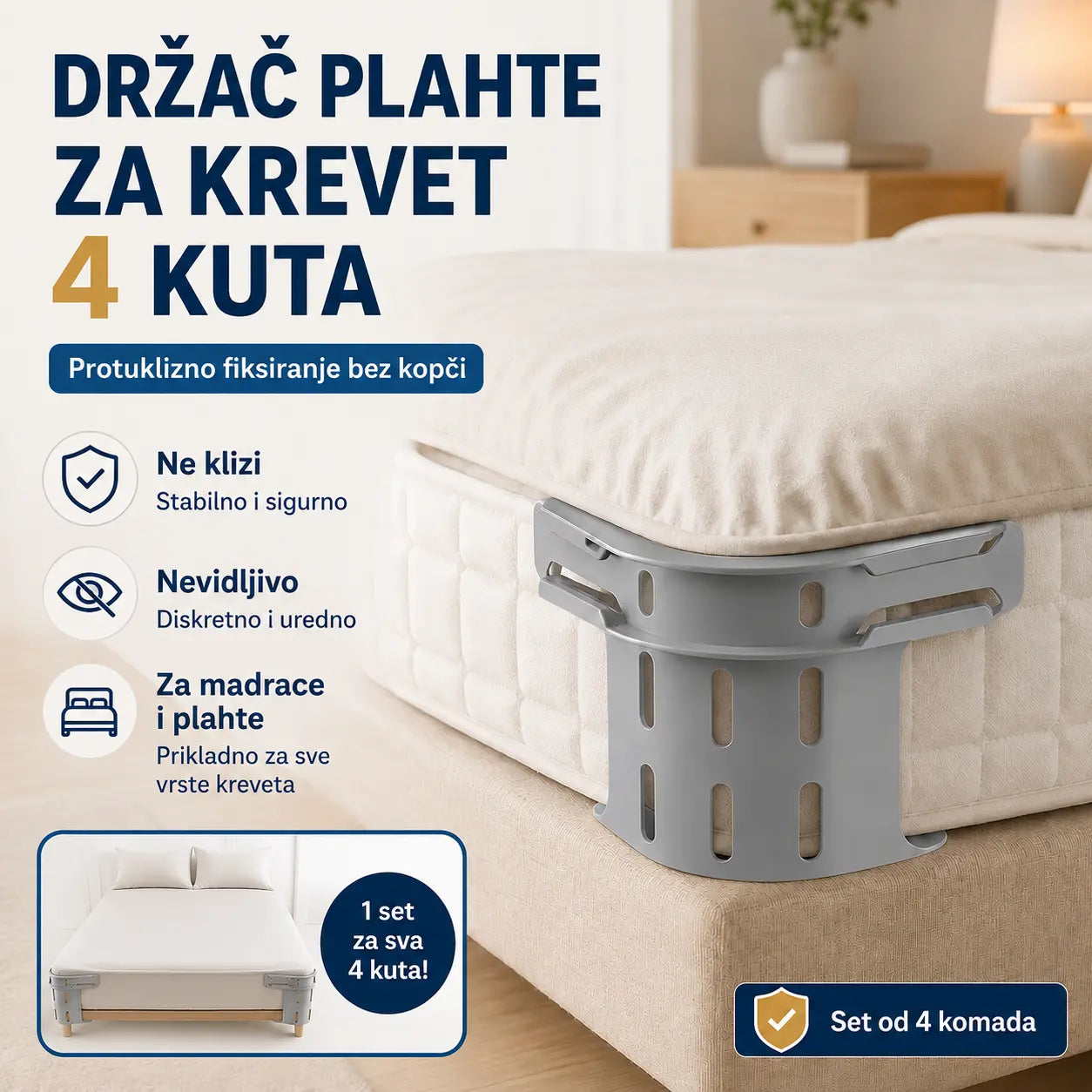 Set od četiri komada🛏️ Skrivene kopče za plahte s četiri kuta – sprječavaju pomicanje ili klizanje plahti, držeći ih ravnima i sigurnima.