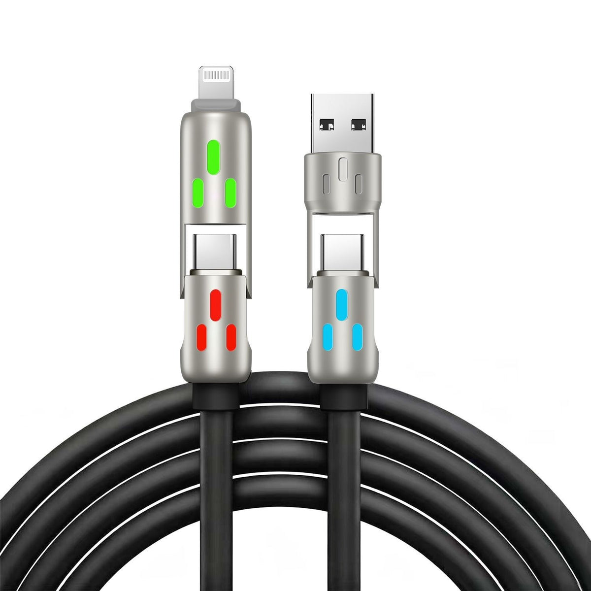 🔥 (2 metros de largo) Cable 4 en 1 PD 240 W – Carga rápida USB‑C, Lightning y USB‑A, aluminio y silicona, sincronización de datos ⚡📱