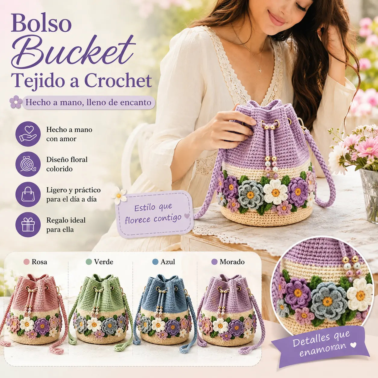 🌼 Bolso Cubo de Ganchillo Artesanal – Estilo Bohemio con Flores, Único y Atemporal 👜