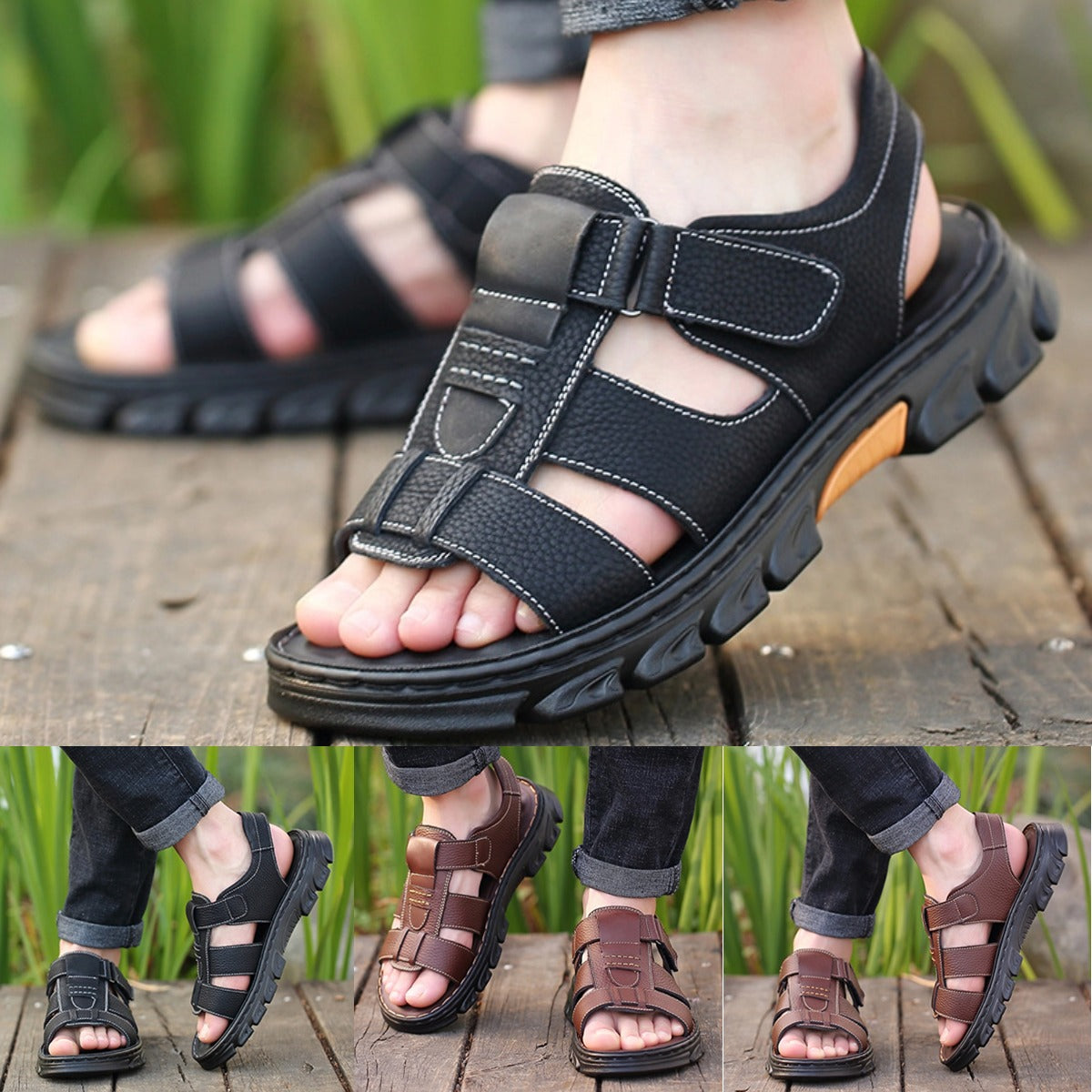 🔥👟 (50%OFF)【Tamaño 38 ~ 44】 Sandalias de playa antideslizantes de cuero suave hechas a mano para hombres
