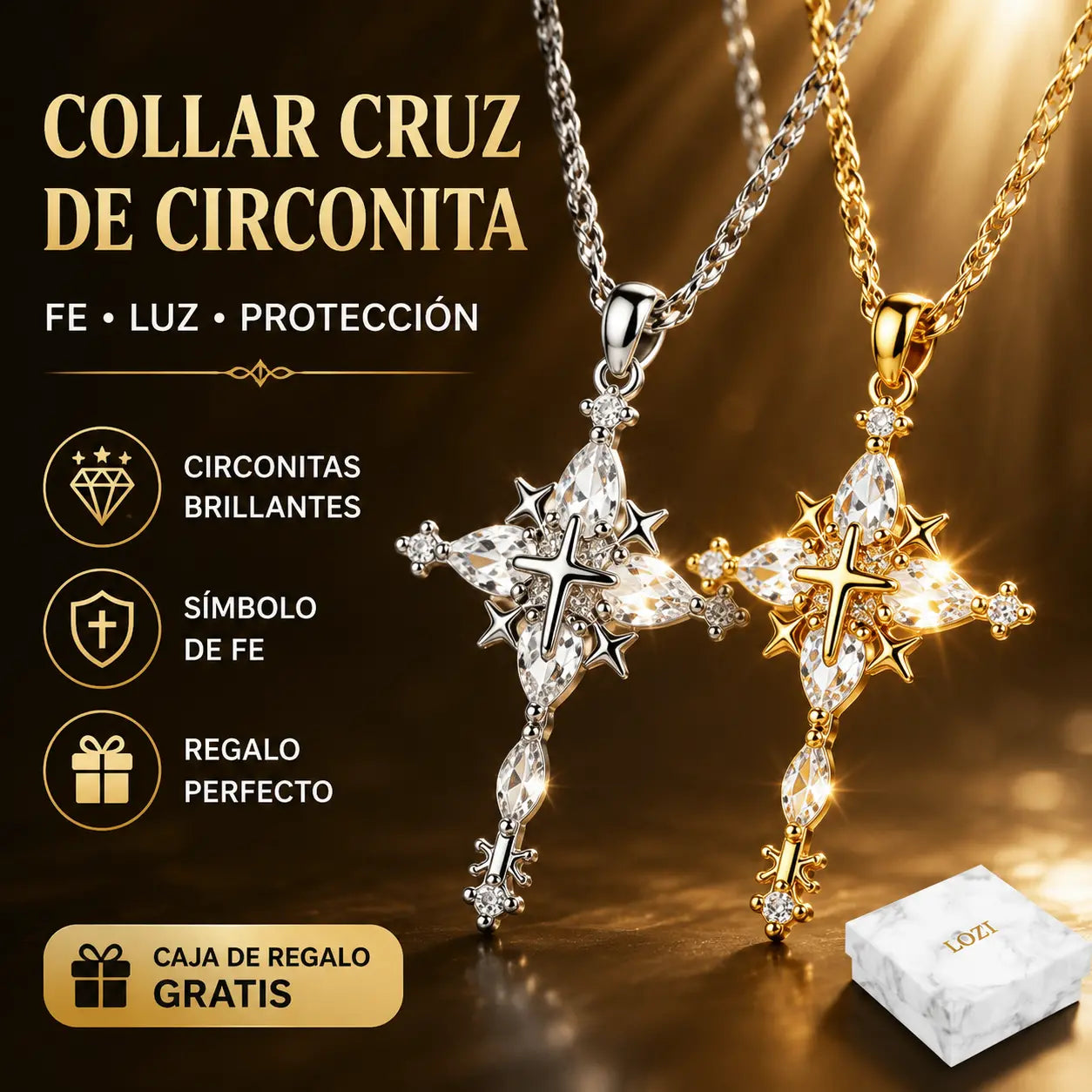 💥 ¡50% de descuento! ✨ Collar con cruz de pétalos dorados incrustada de circonitas - Incluye un precioso estuche para joyas