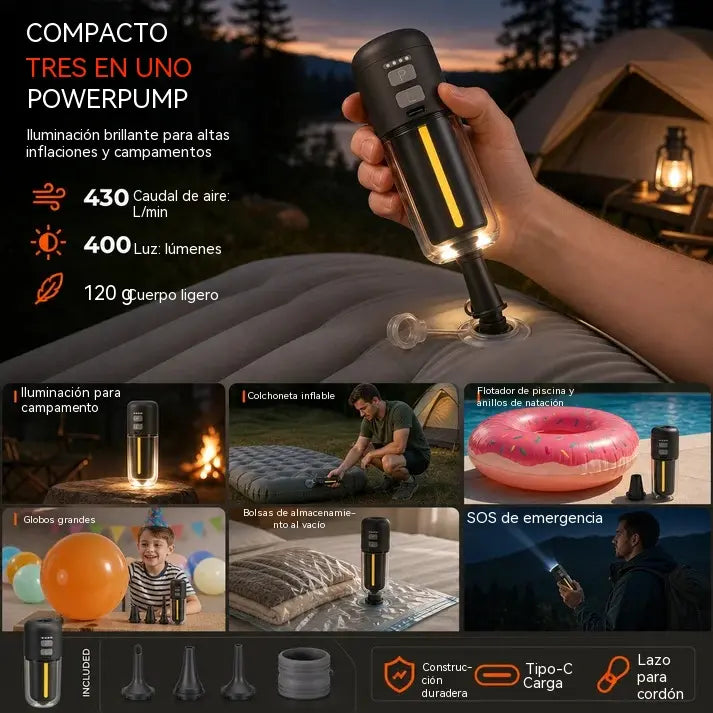 📢📢 1 juego 33 euro⏰ Bomba de aire portátil para exteriores con función de inflado y desinflado, luz de emergencia, luz ambiental y modo SOS; ideal para flotadores de piscina, botes inflables y colchones de aire.