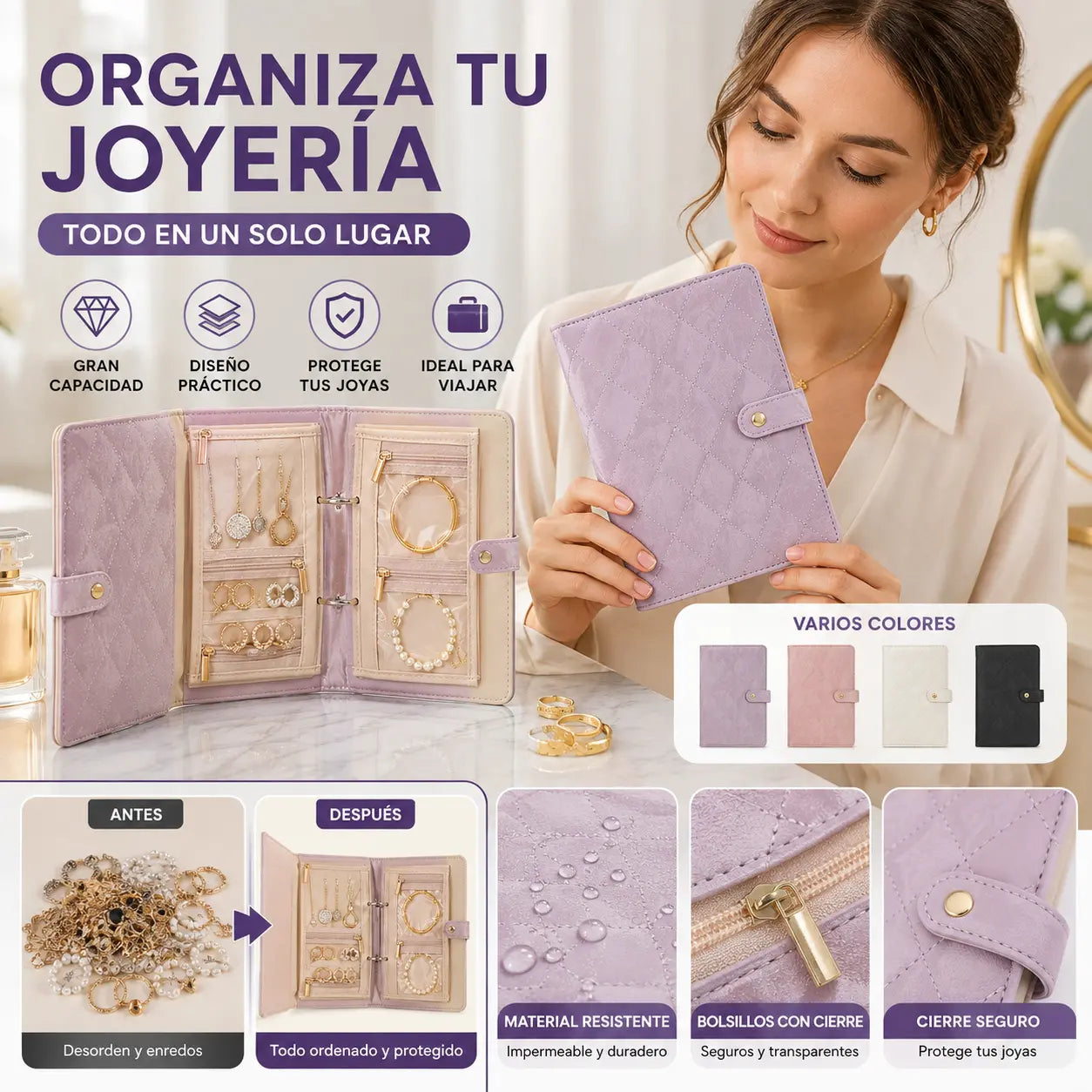 🔥📢 ¡Disfruta ahora de un 50% de descuento! 💎✨ Elegante y portátil organizador de joyas con múltiples compartimentos internos.