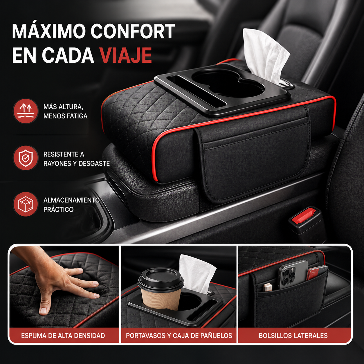 🚗Almohadilla universal 4 en 1 para reposabrazos de coche de cuero ✅ Caja de pañuelos incorporada ✅ Portavasos