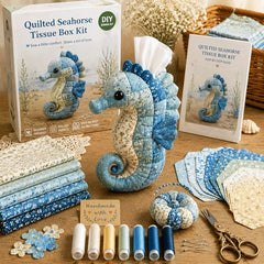 🧵✨ Kit DIY para caja de pañuelos de patchwork – set de costura artesanal con temática marina 🌊🐚