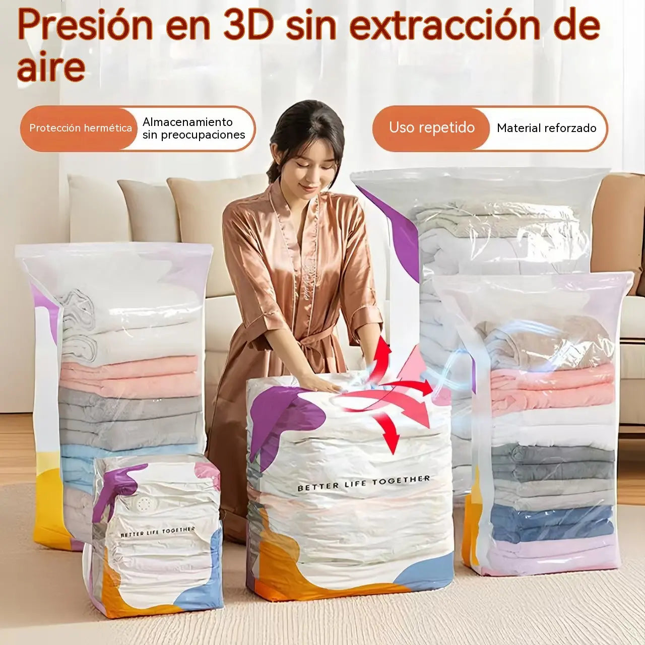 👕📦【5 piezas】Bolsas de compresión para guardar ropa, no requieren vacío, diseño reforzado.