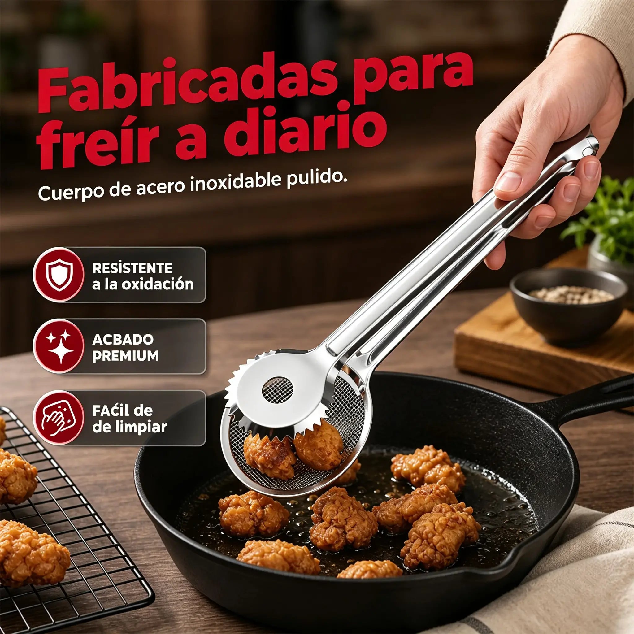 🔥¡Compra 1 y llévate 1 gratis! Filtro y pinzas de acero inoxidable 2 en 1: filtración fina, drena el aceite fácilmente📦
