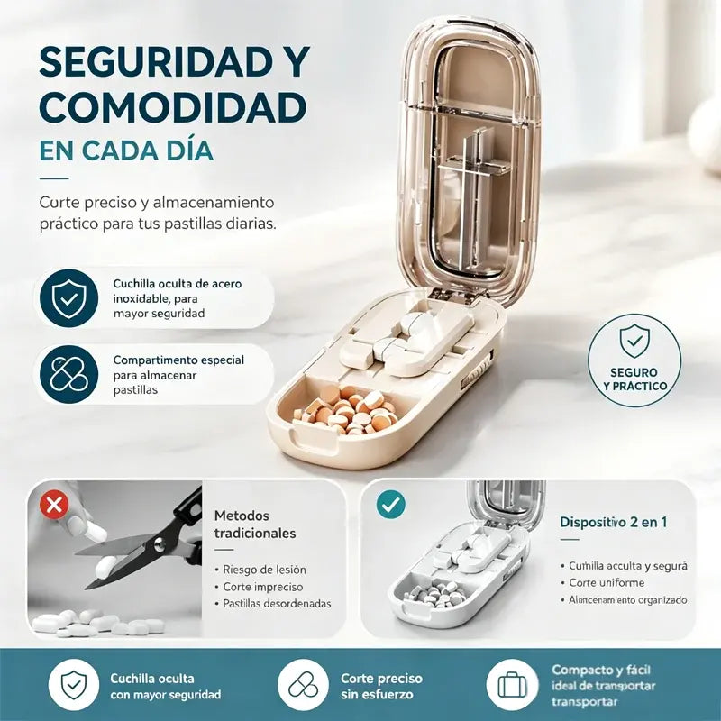 ✂️ Cortador de Pastillas Multifuncional – Divide en 2, 3 o 4 Partes, Caja Almacenadora Portátil 💊